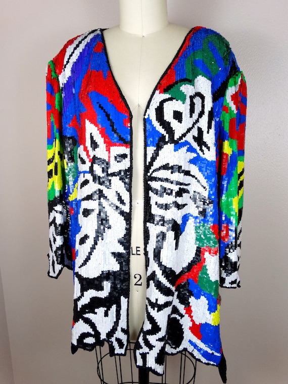 M/L Funky Sequin Embellished Cardigan // 1980's C… - image 3