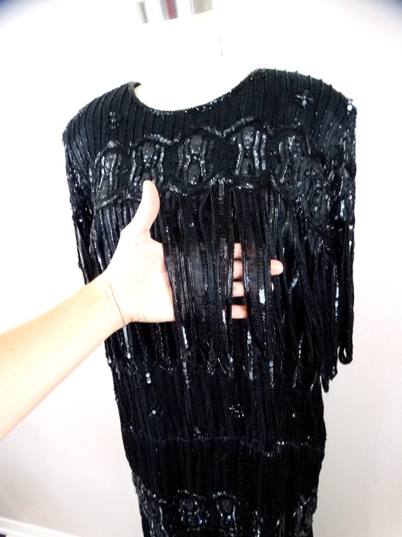 70s Black Lace Beaded 2 pc Fringe Gown // Art Dec… - image 4