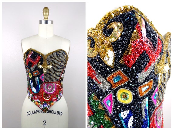 XS/S Ornate Jewel Beaded Couture Vintage Bustier // Whimsical 