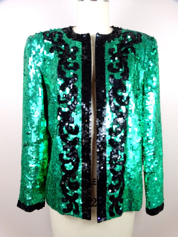 S/M Emerald Sequined Beaded Blazer / Bright Green… - image 2