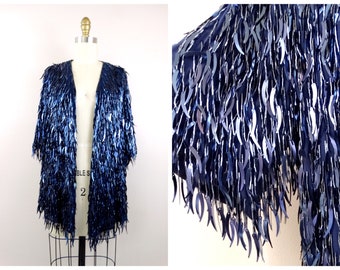 Cattail Sequin Fringe Beaded Shrug / Dressy Cocktail Evening Open Top / Fully Sequined Tassel Jacket