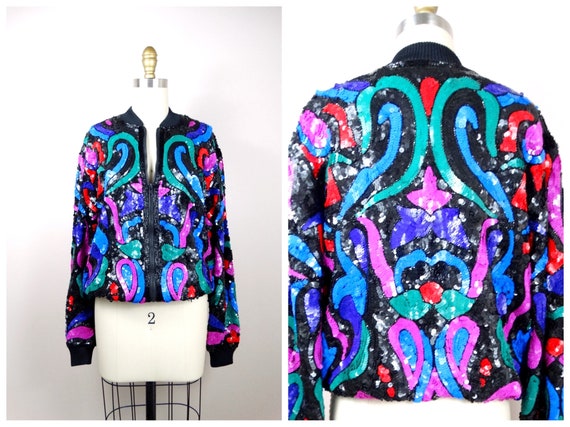 Bright Sequin Bomber Jacket / 1980's Sequined Var… - image 1