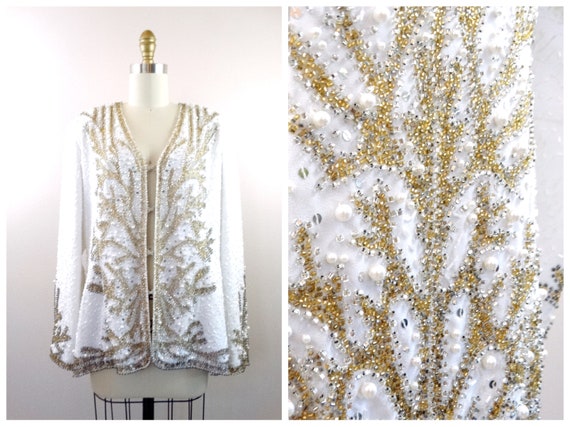 Art Deco Pearl Beaded Jacket // Gold Beaded Silk … - image 6