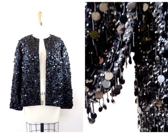 60’s Paillette Sequin Fringe Glam Jacket / Vintage Tassel Beaded Sequin Evening Cardigan