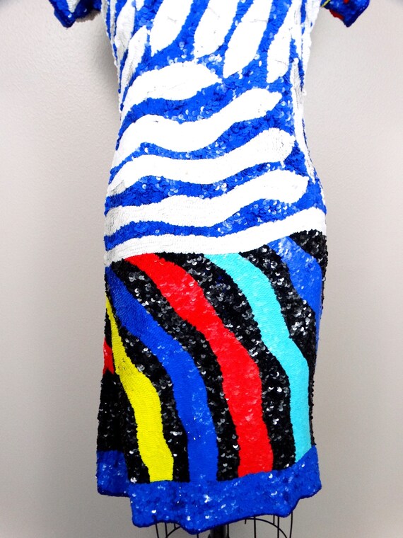 S/M Funky Sequin Dress / Neon Blue Red Yellow and… - image 3