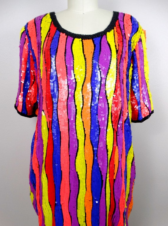 RARE Plus Size Neon Sequined Beaded Dress // Vint… - image 2