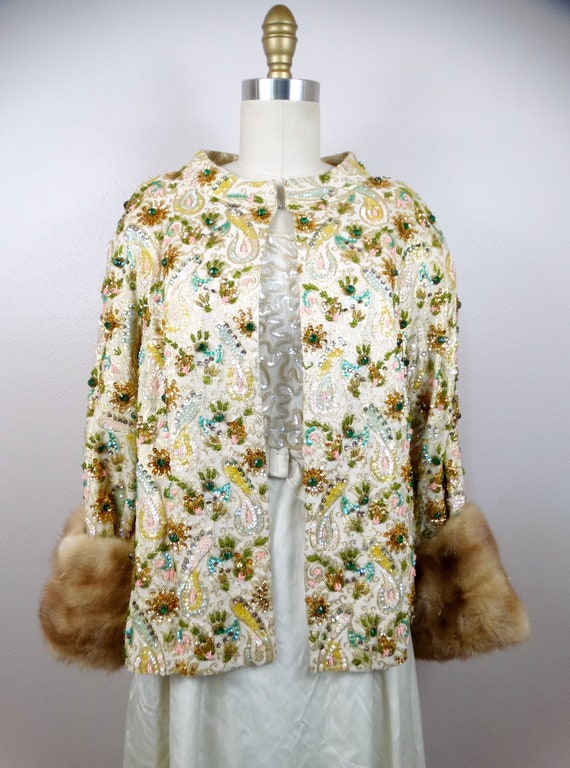 50s Crystal Encrusted Sequin Jacket w/ Mink Fur C… - image 2