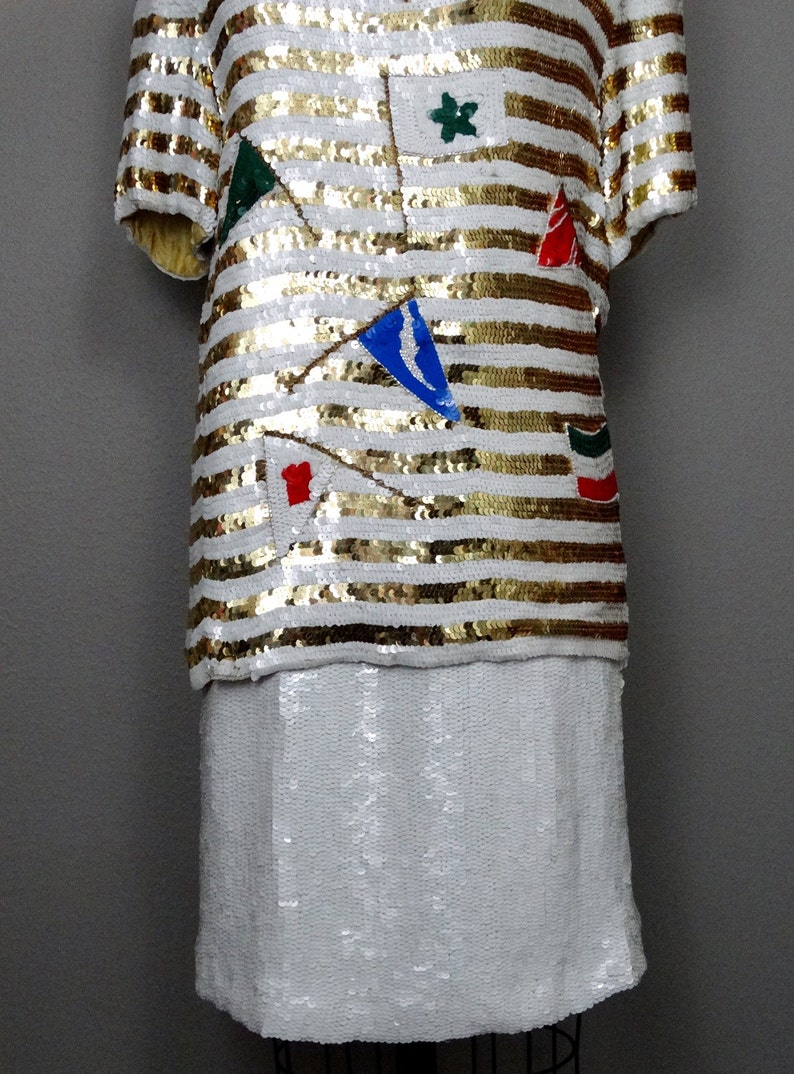 Retro Flashy Sequined Top Skirt by Lillie Rubin White and Gold Striped Sequin Embellished Glam Ensemble International Flags Dress