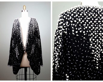 Oversized Pearl Beaded Sequin Cardigan Jacket // Black & White Beaded Silk Cocoon Kimono // Pearl Embellished Evening Shrug