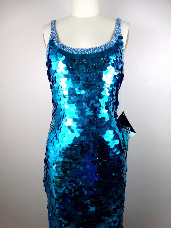 Bright Blue Paillette Sequined Dress // Vintage S… - image 2