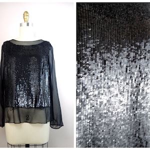 Sheer Sequin Long Sleeve Black Embellished Silk Vintage Blouse from Neil Bieff