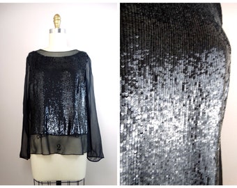Neil Bieff Pailletten Langarm Schwarz Verziert Seide Vintage Schiere Bluse