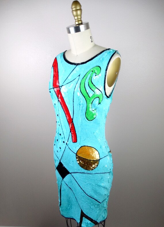 XS/S Abstract Art Sequin Dress / Geometric Sequin… - image 5