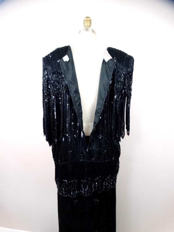70s Black Lace Beaded 2 pc Fringe Gown // Art Dec… - image 6
