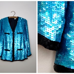 VTG Sapphire Sequin Jacket / Bright Blue Embellished Blazer / Vintage Party Jacket