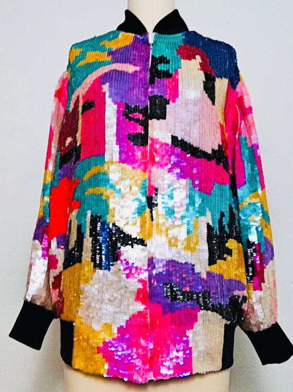 Vintage Sequin Jacket / Bright Sequined Bomber Ja… - image 2