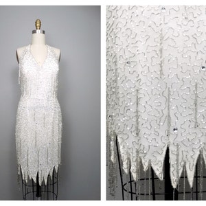White Fringe Beaded Dress // White and Silver Scalloped Hem Dress // Jewel Embellished Halter Dress