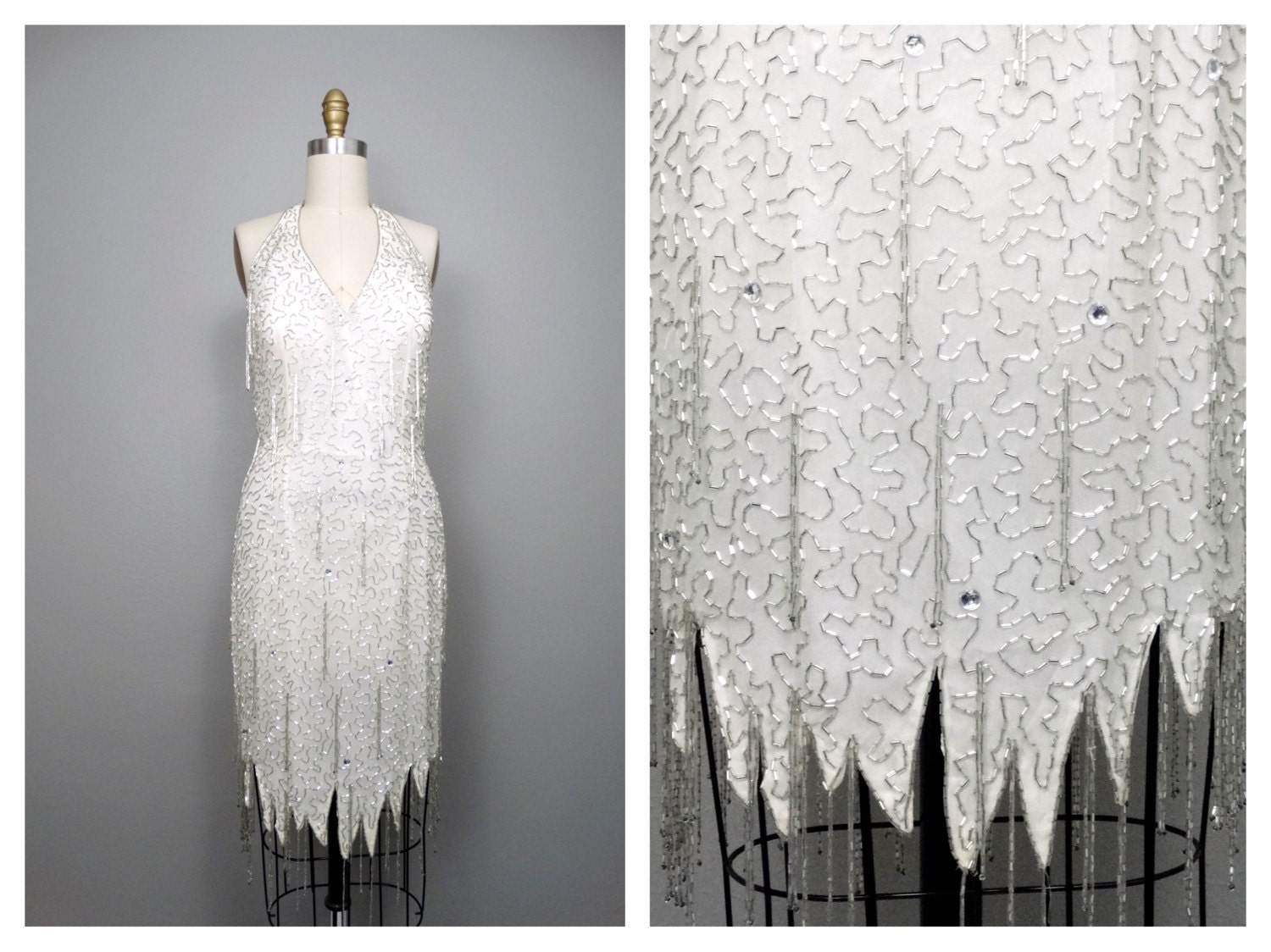 White Fringe Beaded Dress // White and Silver Scalloped Hem Dress // Jewel  Embellished Halter Dress - Etsy