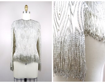 RARE Crystal Beaded Fringe Top // Heavily Embellished Rhinestone Encrusted Silk Crop Top // High-End Vintage Designer Couture