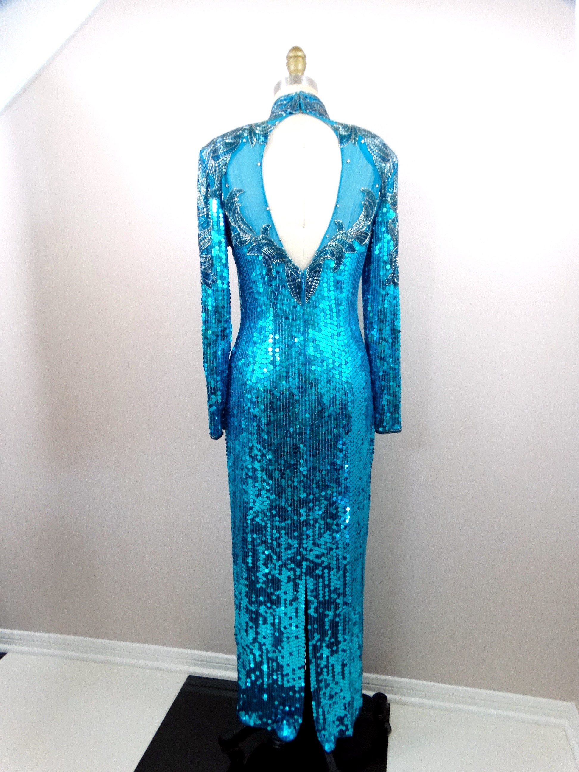 80s Sequined Beaded Turquoise Blue Gown * Vintage Full Length Prom Dress