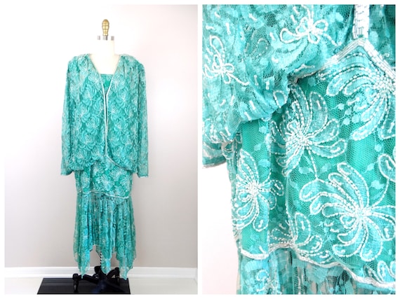 L/XL Vintage Lace Embellished Drop Waist Dress // Turquoise Teal Green Lace Beaded  Gown // Bright Mint Sheer Hand Beaded Dropwaist Dress - Etsy