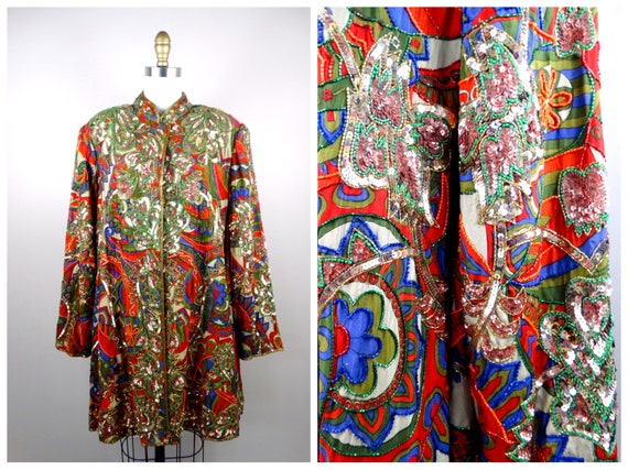 VTG Sequin Beaded Overcoat / Bohemian Novelty Lon… - image 2