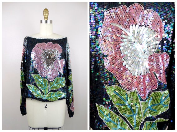 M/L Exotic Flower Sequined Top / Vintage Sequin T… - image 1