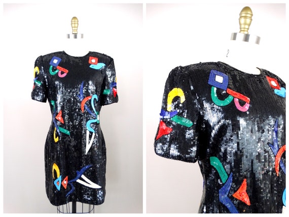 Abstract 80s Sequin Dress // Multi Color Art Deco