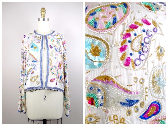 Pearl Beaded Pastel Sequin Cardigan Top / Vintage… - image 1