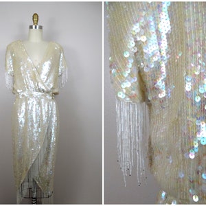 VTG Iridescent Sequin Fringe Beaded Wrap Dress / 1970s 1980s Ivory Sequined Midi Gown / 70&#39;s Sparkly Wedding Dress