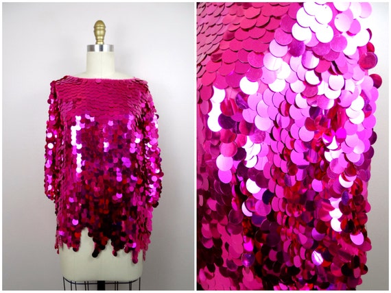 Hot Pink Rhinestones Sequin Detail Crop Top L / Hot Pink