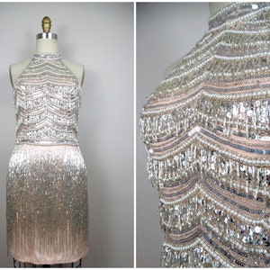 90s Couture Beaded Fringe Mini Dress // 1990's Y2K Heavily Beaded Dress // Blush Pink Embellished High Neck Mini w/ Silver Tassel Beading