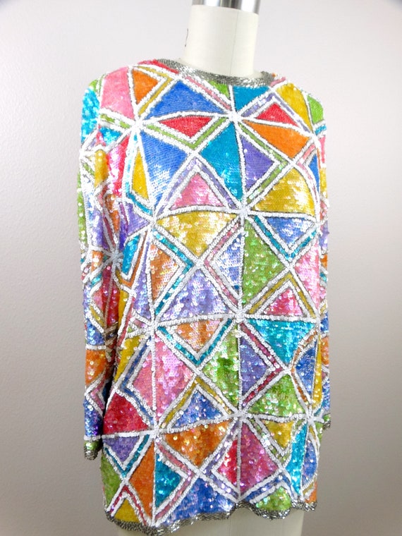 RARE Sparkling Beaded Top / Pastel Rainbow Color … - image 3