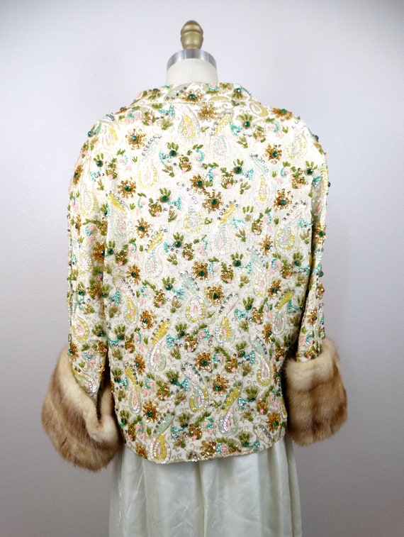 50s Crystal Encrusted Sequin Jacket w/ Mink Fur C… - image 5