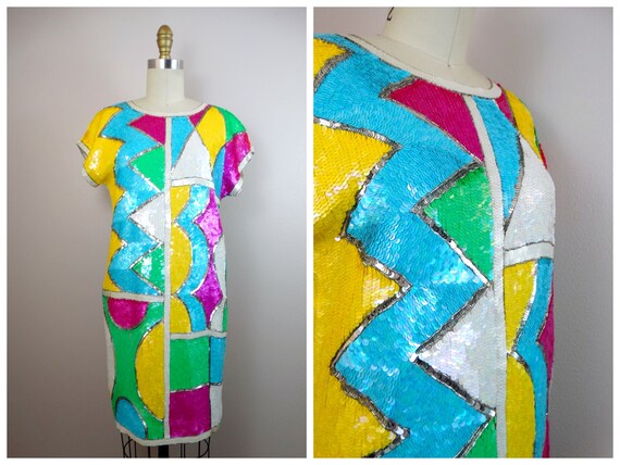 Funky NEON Sequined Dress // Psychedelic Sequin T… - image 5