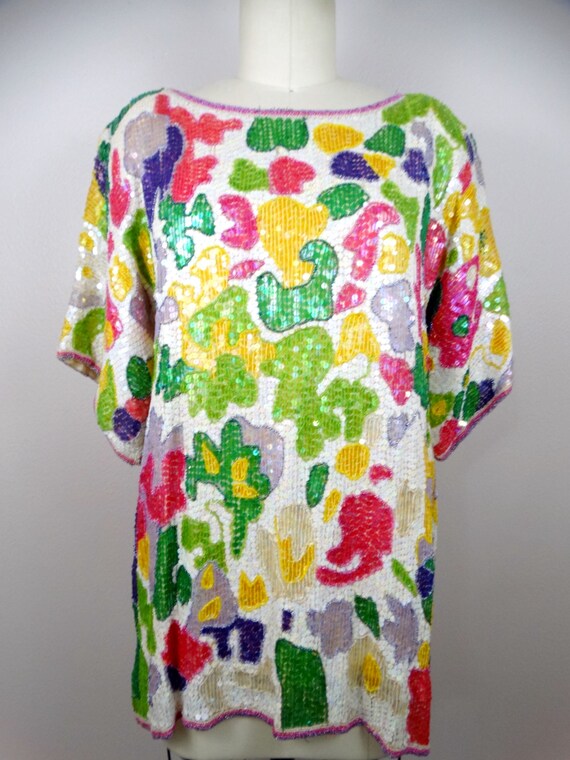 L/XL Bright Sequin Top // Abstract Floral Embelli… - image 3