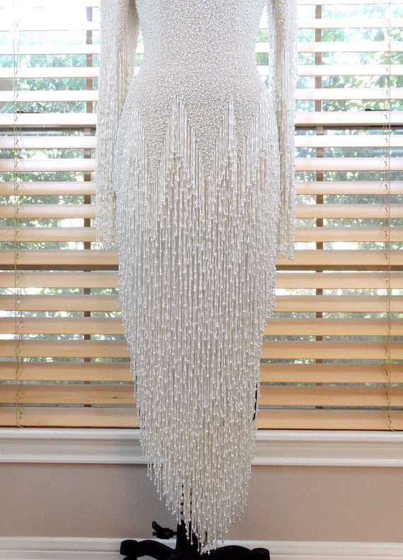 Dripping Pearls Beaded Wedding Dress / White Silk… - image 5