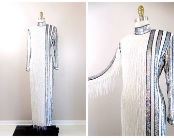 NAEEM KHAN Beaded Wedding Gown / Vintage Couture White Fringe Beaded Silver Sequin Wedding Dress Size Small