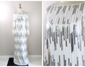 70s 80s Sequin Bridal Gown // Retro 1970's 1980's Vintage White and Mirror Silver Sequined Wedding Dress