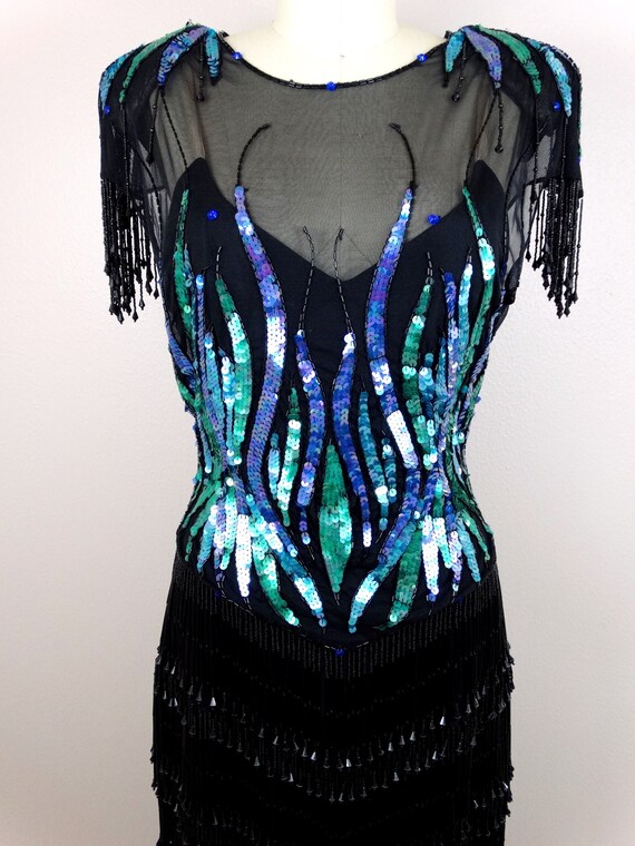 RARE Drop Bead Fringe Dress / Vintage Couture Seq… - image 3