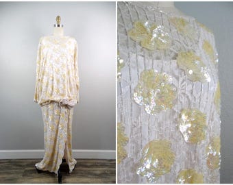 70s 80s Iridescent Beaded Sequin Lace Gown // 1970s 1980s Dropwaist Floral Blush Pink Ivory and Yellow Sequined Dress w/ a Bow