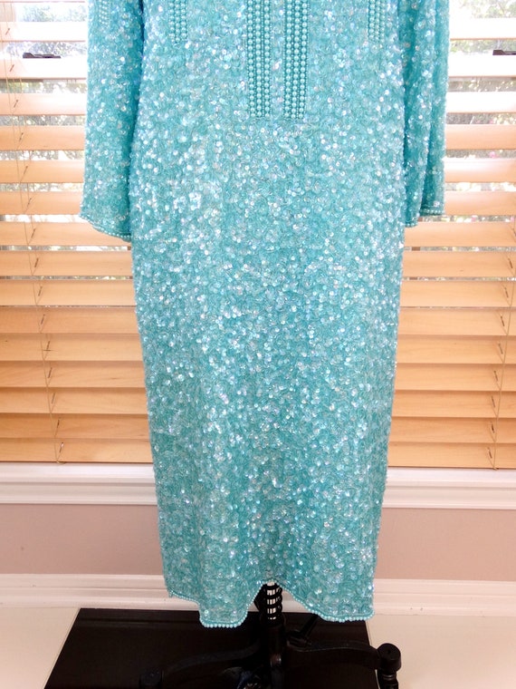 L/XL Mint Green Beaded Sequined Dress / Pastel Pe… - image 4