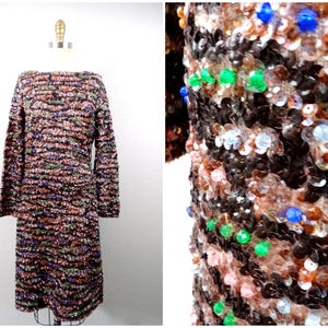 50s 60s Jewel Beaded Wool Sequin Dress ‣ Brown and Black Sequined Dress ‣ 1950's 1960's Mid Century Embellished Retro Dress