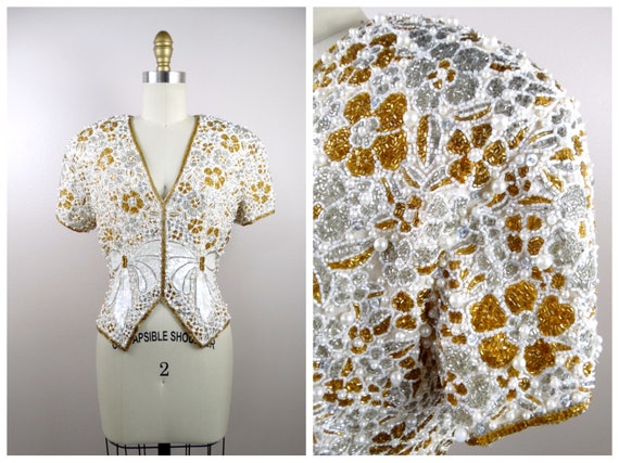 Pearl Beaded Vintage Couture Top // Gold Silver W… - image 4