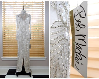 Vintage Couture Beaded Gown / Ivory Champagne Sequined Wedding Gown / Sequin Embellished Gown by Bob Mackie Boutique