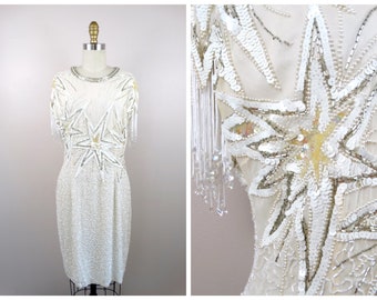 80s 90s Fringed Beaded Dress // White and Ivory Beading Dress // Sequined Star Dress