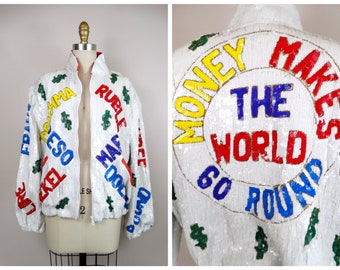 Novelty Sequin Bomber Jacket ‣ Money Makes The World Go Round Sequined Jacket