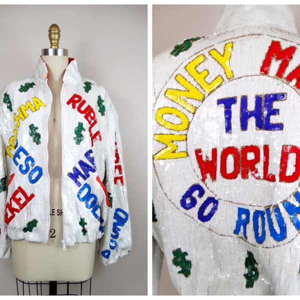 Novelty Sequin Bomber Jacket ‣ Money Makes The World Go Round Sequined Jacket