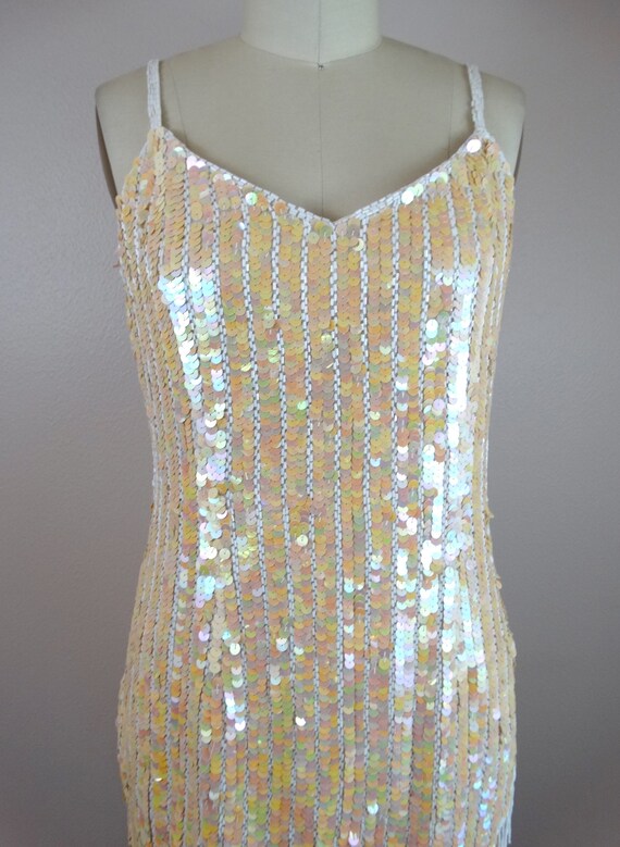 Iridescent Fringe Beaded Sequined Dress • Ivory S… - image 5