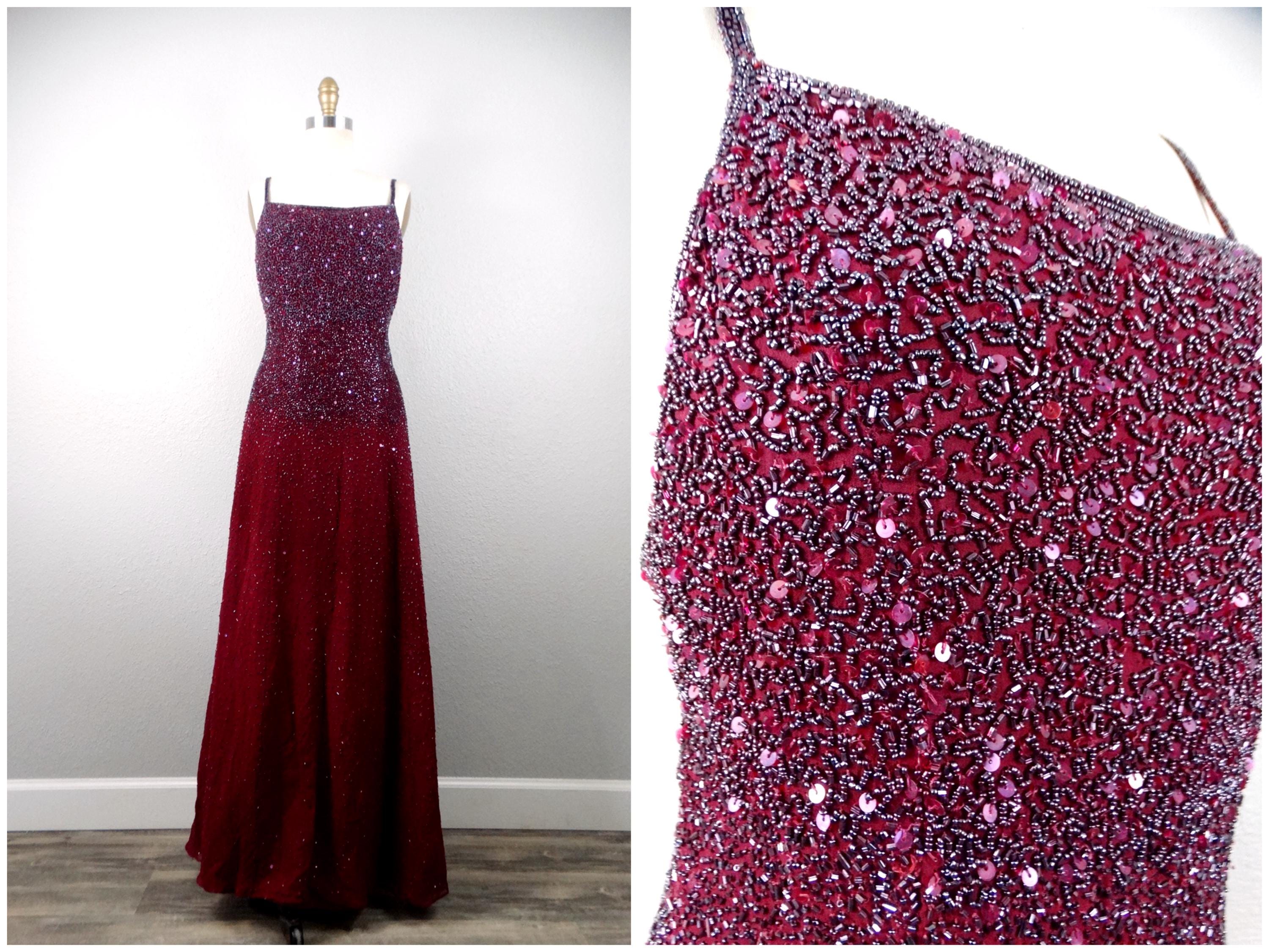 Y2K Maroon Beaded Sequined Gown | Vintage 2000's Mulberry Sangria Wine Sequin Bridesmaid Dress